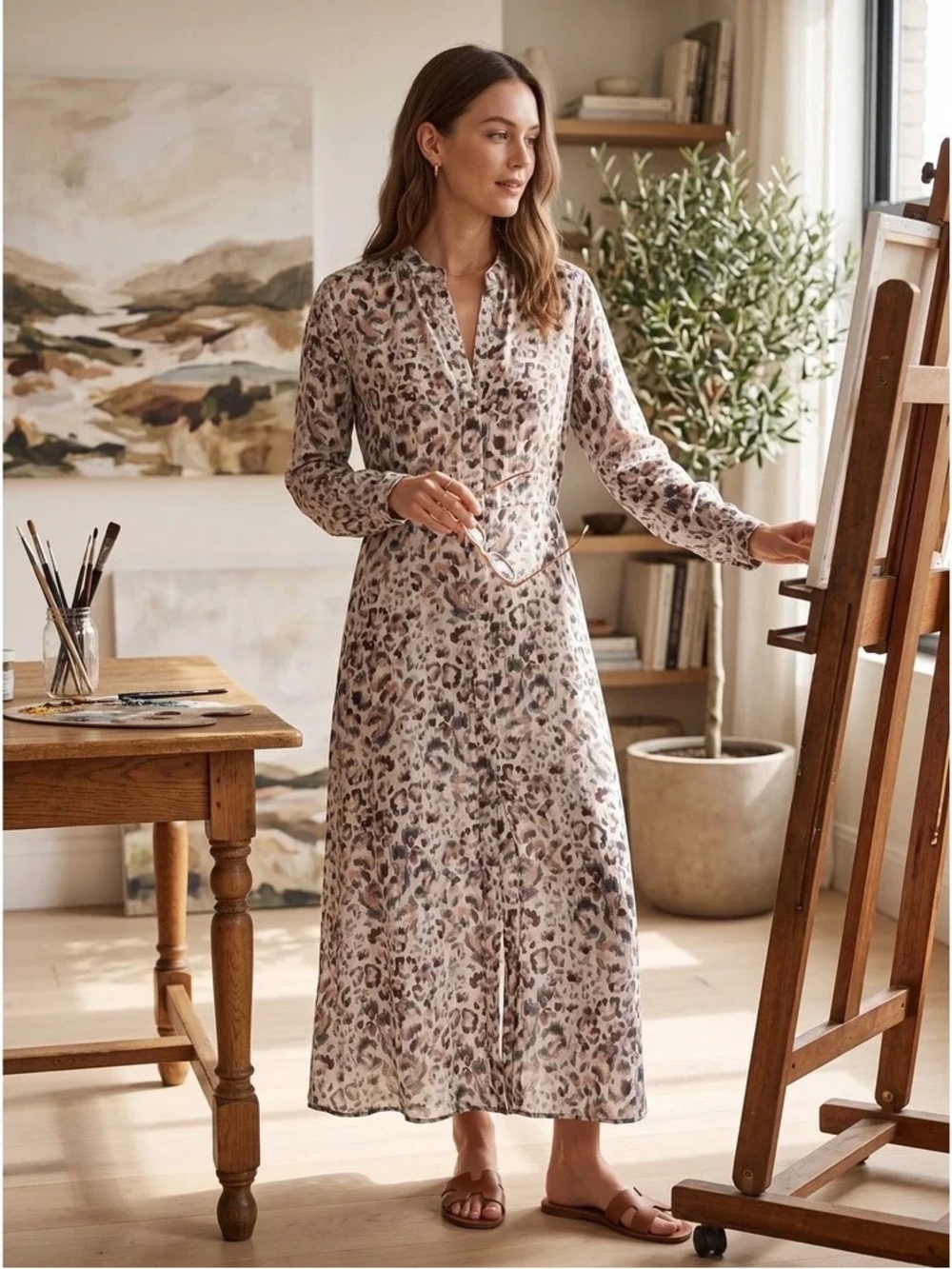 Cloth & Stone Taupe and Black Leopard Print Button-Front Dress